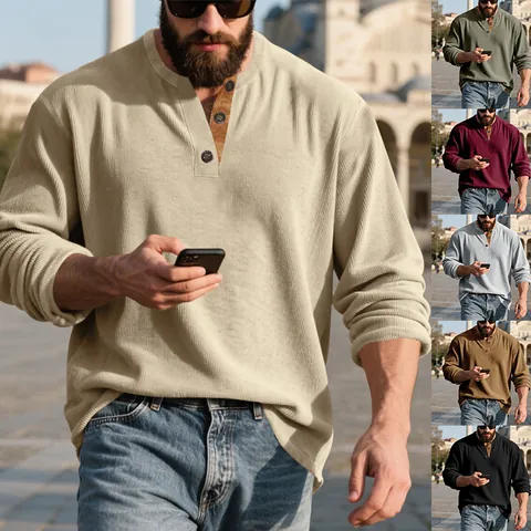 Camiseta Henley de Pana de Manga Larga para Hombre Top Casual Retro Holgado Poliéster Color Sólido Ropa de Otoño
