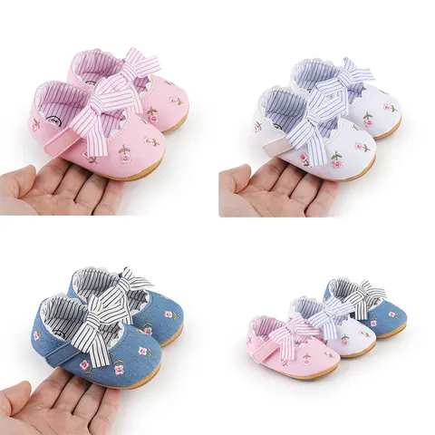 Newborn Baby Girls Princess Walking Shoes Soft Sole Non Slip Cotton Cloth Floral Embroidery Butterfly Knot First Walker