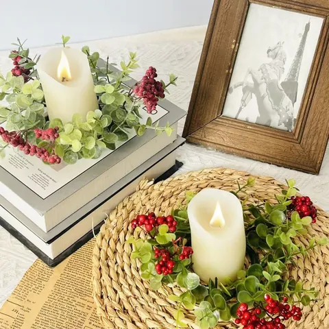Navidad Corona Anillo Vela Piña Artificial Bayas Rojas Candelabro Base Mesa Centro de Mesa Hogar Vacaciones Decoración