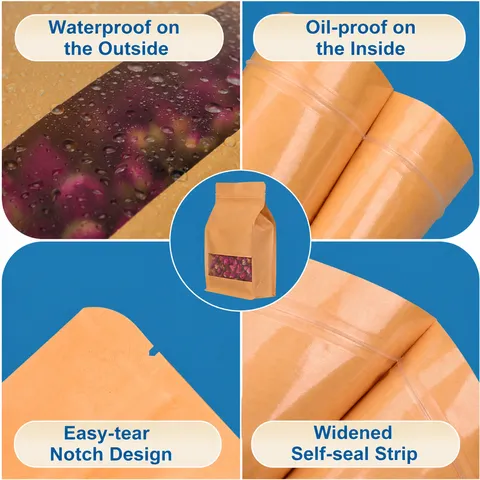 Bolsa Empaque Alimentos Papel Kraft Octogonal Cierre Cremallera Ventana Esmerilada Interior Aluminizado Bolsa Reutilizable Gruesa Antihumedad