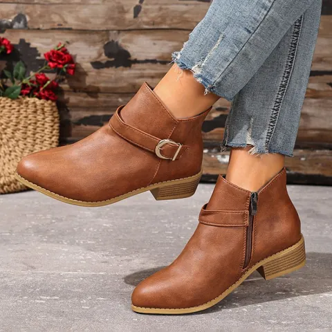 Dames Chelsea Boots Zijrits Gespriem Lage Blokhak Puntige Neus Synthetisch Leer Mode Enkellaarsjes