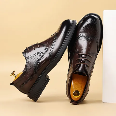 Zapatos de Cuero Formales de Negocios para Hombre Brogue Tallado Wingtip Patrón de Cocodrilo Oxford Transpirable Zapatos de Vestir Hombre