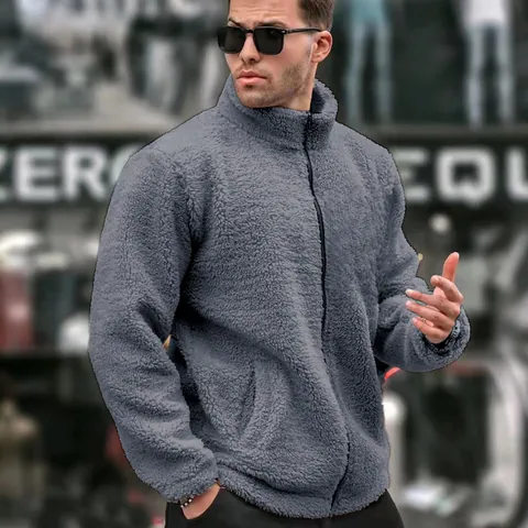 Men's Casual Sherpa Fleece Jacket Stand Collar Solid Color Full Zipper Warm Loose Outerwear Long Sleeve Bubble Fleece Top