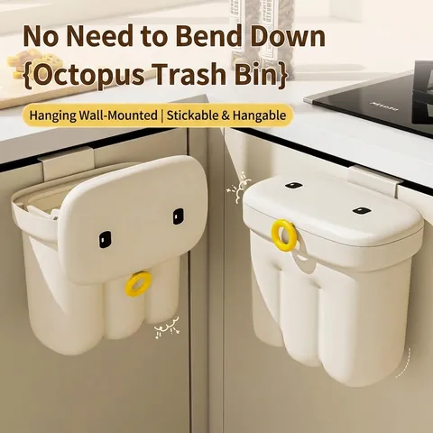 Octopus Shape Wall Mounted Kitchen Trash Can With Lid Dual Way Opening Large Capacity Hanging Cabinet Waste Bin For Bathroom