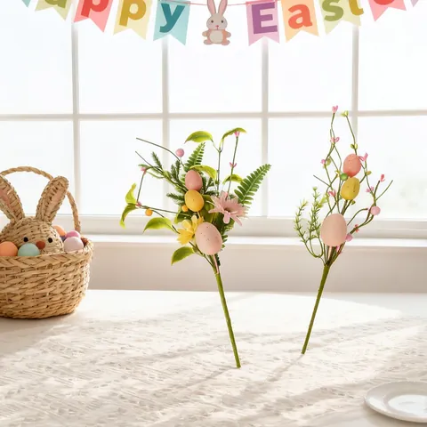 Pastoral Colorful Easter Egg Berry Artificial Flower Pick For Spring Festival Home Table Decoration Foam Plant Spray