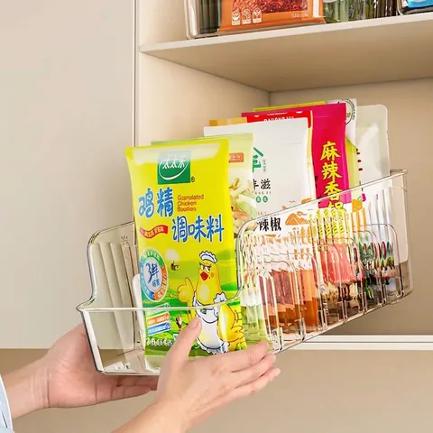 Organizador de Paquetes de Condimentos de Plástico Moderno para Armario de Cocina Caja de Almacenamiento Transparente Con Divisores Ajustables