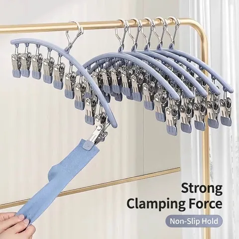 Multi-Functional Stainless Steel Sock Drying Rack With 10 Non-Slip Clips Windproof Hook For Laundry Underwear Balcony Organization