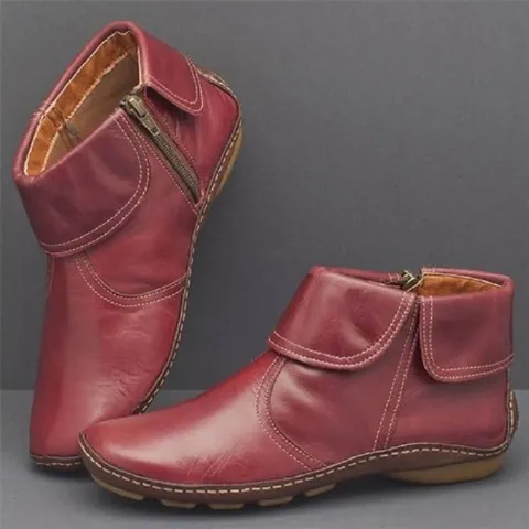 Women Round Toe Synthetic Leather Martin Boots With Fold-Over Cuff Side Zipper Contrast Stitching Retro Casual Winter Ankle Boots