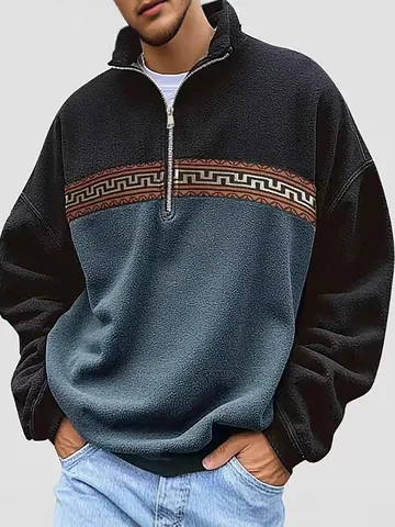 Herren Outdoor Casual Langarm Jacquard Halb Reißverschluss Sweatshirt Top Farbblock Verdickt Polar Fleece Pullover Smart Casual
