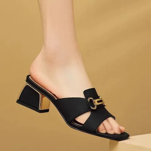 French Style Women Square Toe Block Heel Mules Fashion Metal Buckle High Heeled Sandals Summer Elegant Party Slip On Shoes