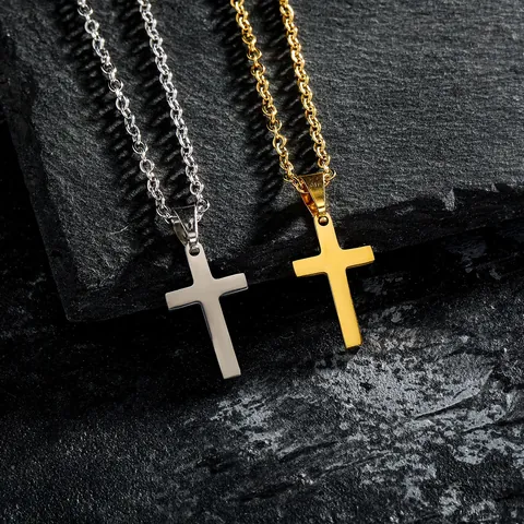 Hip Hop Stainless Steel Cross Pendant Necklace For Men Women Gold Silver Rhinestone Polished Jewelry Street Fashion Necklaces