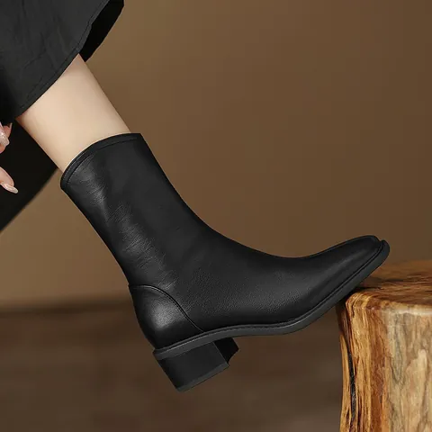 Dames Halfhoge Laarzen Zacht PU Leer Vierkante Neus Blokhak Middelhoge Hak Retro Mode Martin Boots Effen Kleur Casual Herfst Winter