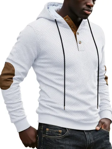 Men's American Retro Heavyweight Hoodie Textured Fabric Henley Button Hooded Sweatshirt With Elbow Patches Polyester Top
