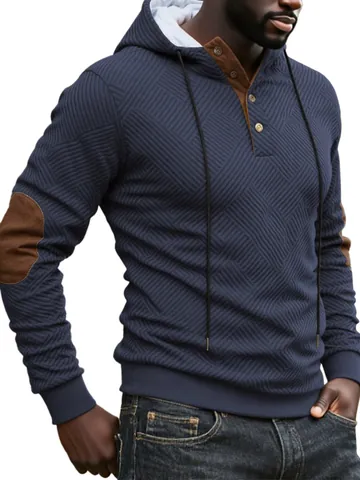 Men's American Retro Heavyweight Hoodie Textured Fabric Henley Button Hooded Sweatshirt With Elbow Patches Polyester Top