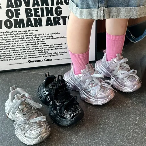 Kids Silver Rhinestone Chunky Sneakers Jazz Dance Performance Shoes For Girls Boys Thick Sole Breathable Sporty Running Shoes