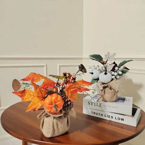 Artificial Pumpkin Tree Ornament Maple Leaf Berry Pine Cone Burlap Wrapped Harvest Festival Decoration For Thanksgiving Halloween Home Hotel