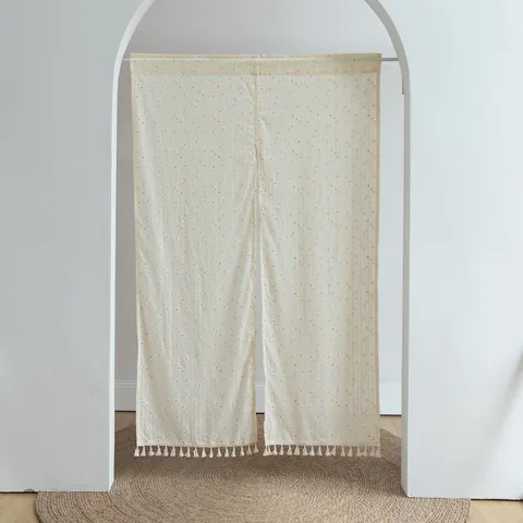 Japanese Style Cotton Door Curtain Daisy Polka Dot Print Embroidered Noren Tension Rod Drill-Free Room Divider For Living Room Bedroom Kitchen Home Decor