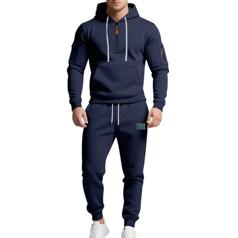 Men's Heavyweight Fleece Hooded Tracksuit Top And Bottom Loose Workwear Casual 1/4 Zip Hoodie Joggers Set Winter Sportswear