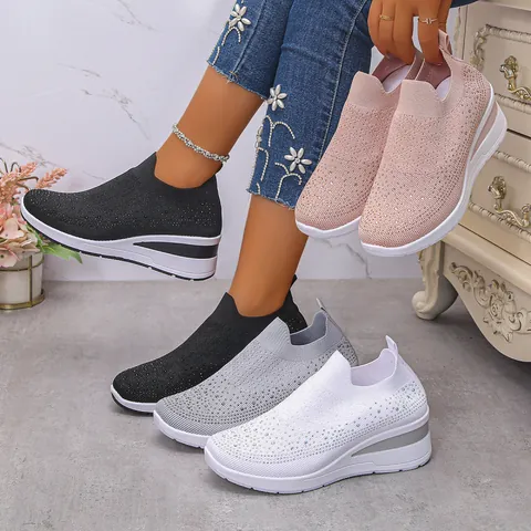 Women's Rhinestone Fly-Knit Sneakers Sparkly Slip-On Casual Wedge Shoes Comfortable Breathable Fashion Platform Walking Shoes