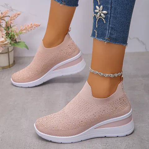 Women's Rhinestone Fly-Knit Sneakers Sparkly Slip-On Casual Wedge Shoes Comfortable Breathable Fashion Platform Walking Shoes