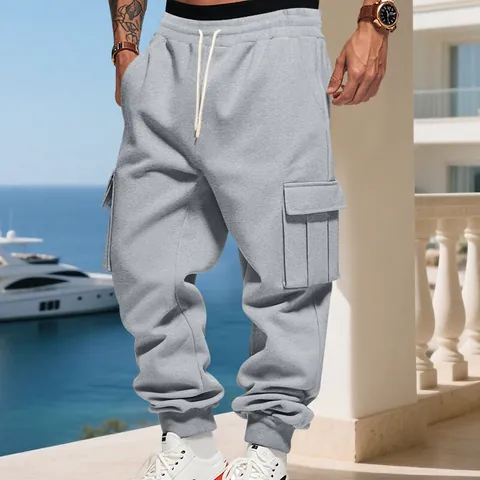 Men's American Vibe Fleece Lined Cargo Pants Multi-Pocket Drawstring Solid Color Casual Jogger Sweatpants For Winter