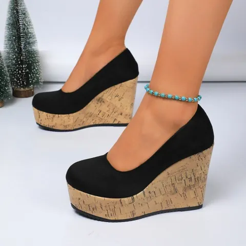 Zapatos de Cuña para Mujer PU Gamuza Plataforma Tacones Altos Color Sólido Boca Superficial Sin Cordones Moda Oficina Vestir