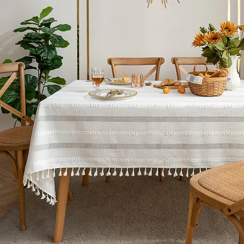 Nappe en Coton Lin Rétro Campagne Avec Broderie Ajourée et Glands Pour Banquet Fête Nappe Blanche Décoration de Maison