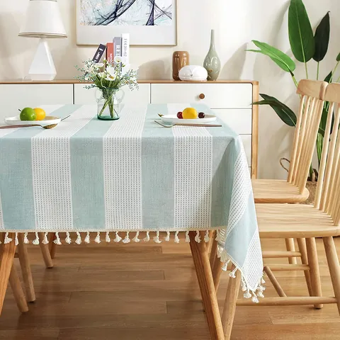Nordic Cotton Linen Striped Tablecloth With Tassels Dustproof Rectangular Table Cover For Kitchen Dining Party Home Decor