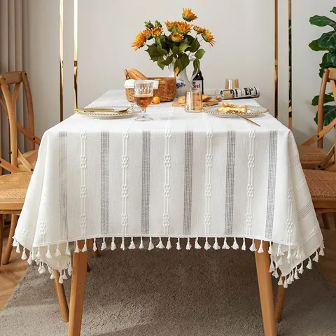 Nappe en Coton Lin Rétro Campagne Avec Broderie Ajourée et Glands Pour Banquet Fête Nappe Blanche Décoration de Maison