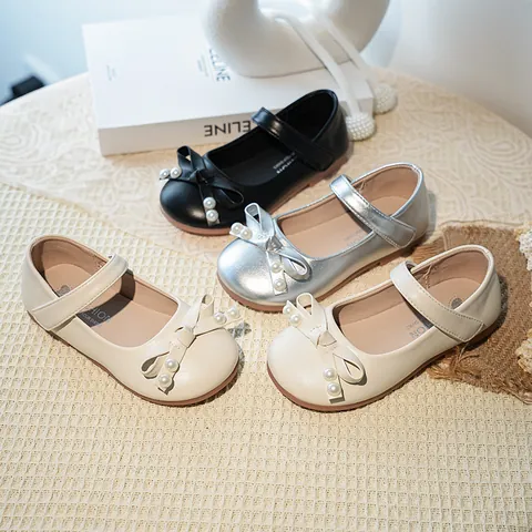 Kids Girls Mary Jane Princess Shoes With Pearl Bow Decoration Soft Sole Hook And Loop Flat Dress Shoes For Wedding Party School