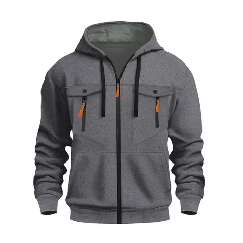 Sudadera con Capucha para Hombre Forrada de Felpa con Cremallera Completa Casual de Manga Larga con Bolsillos Cargo y Detalles en Contraste