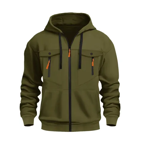 Felpa con Cappuccio da Uomo Foderata in Pile con Cerniera Intera Casual a Maniche Lunghe con Tasche Cargo e Dettagli a Contrasto