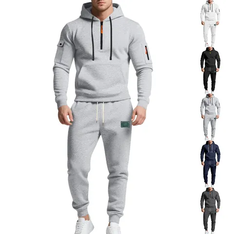 Men's Heavyweight Fleece Hooded Tracksuit Top And Bottom Loose Workwear Casual 1/4 Zip Hoodie Joggers Set Winter Sportswear