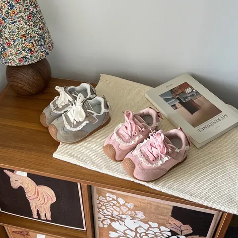 Girls Retro German Training Shoes Lace Bow Patchwork Autumn Casual Sneakers Soft Sole Bovine Split Leather Toddler Sport Shoes