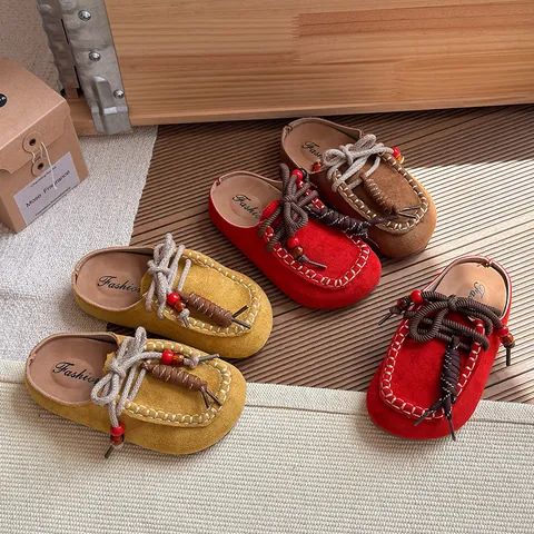 Zuecos Retro de Cuero de Vaca de Dos Capas para Niñas Pantuflas con Cuentas Trenzado Casual Estilo de Vacaciones Mules Para Niños Otoño Primavera
