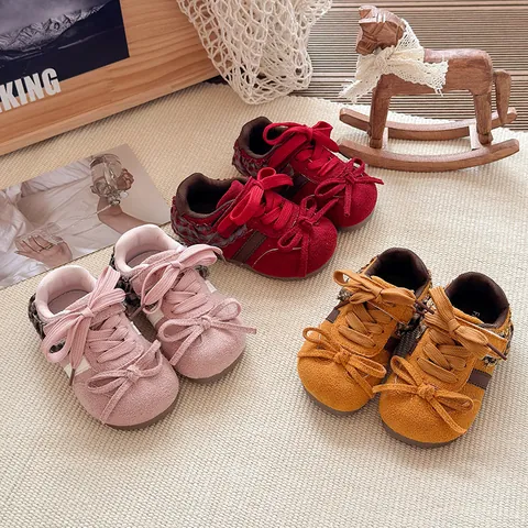 Girls Korean Style Bowknot German Trainer Sneakers Sweet Plaid Ruffle Thick Sole Casual Shoes For Kids Autumn Non-Slip