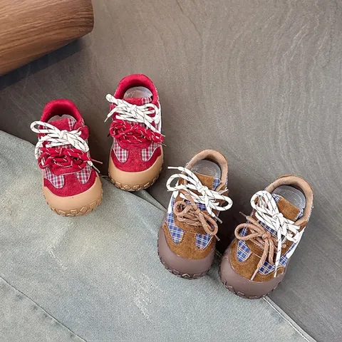 Baskets pour Tout-petits Style d'Entraînement Allemand Semelle Souple Antidérapant Cuir Synthétique Tissu Carreaux 1-3 Ans