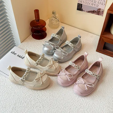 Girls Mary Jane Princess Shoes With Bow Rhinestone Artificial Pearl Decoration PU Leather Non-Slip Casual Single Shoes For Kids