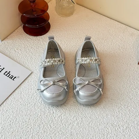 Girls Mary Jane Princess Shoes With Bow Rhinestone Artificial Pearl Decoration PU Leather Non-Slip Casual Single Shoes For Kids