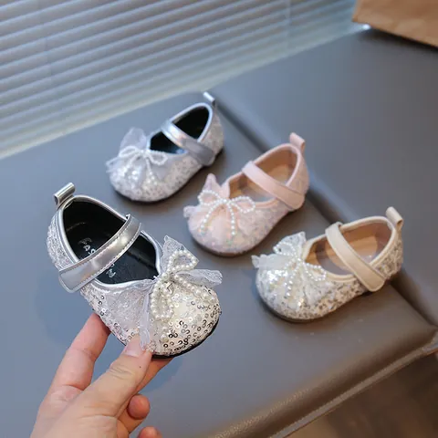 Baby Girls Mary Jane Princess Shoes Bowknot Sequin Artificial Pearl Lace Sparkly Toddler First Walkers Soft Sole Party Dress Shoes