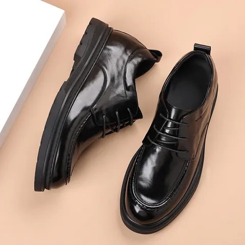 Zapatos Casuales de Cuero de Vaca Genuino para Hombre Estilo Británico Suela Gruesa Aumento de Altura Negocios Cordones