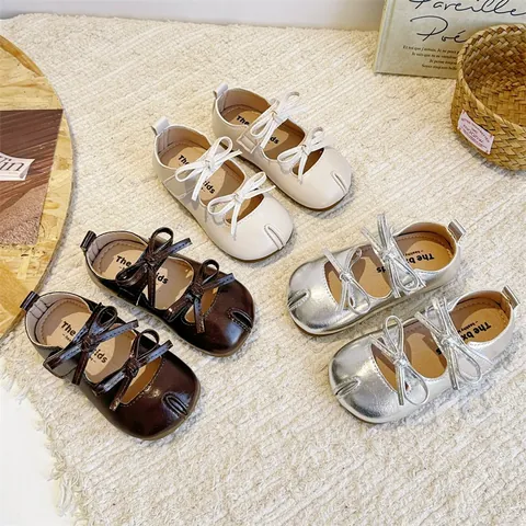 Chaussures de Princesse pour Filles Double Nœud Tabi Mary Janes Pied Divisé Semelle Souple Chaussures Uniques pour Enfants Mariage