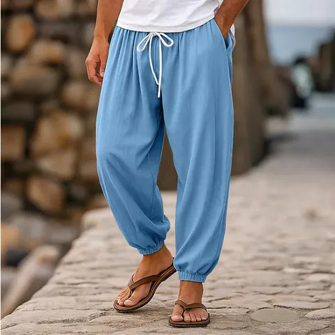 Men Casual Cotton Jogger Pants Elastic Waist Drawstring Cuffed Ankle Length Solid Color Breathable Athletic Bottom Trousers