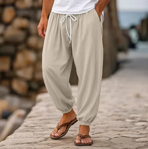 Men Casual Cotton Jogger Pants Elastic Waist Drawstring Cuffed Ankle Length Solid Color Breathable Athletic Bottom Trousers