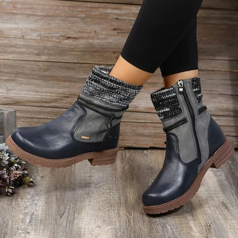 Women European Style Low Top Martin Boots Retro Patchwork Knit Cuff Round Toe Square Heel Side Zipper Ankle Boots