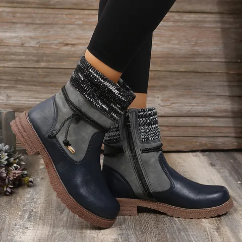 Women European Style Low Top Martin Boots Retro Patchwork Knit Cuff Round Toe Square Heel Side Zipper Ankle Boots