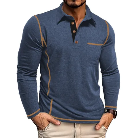 Heren Polo Met Lange Mouwen Contraststiksel Slim Fit Revers Top Casual Mode Stedelijke Stijl Polo Met Borstzak