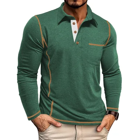 Heren Polo Met Lange Mouwen Contraststiksel Slim Fit Revers Top Casual Mode Stedelijke Stijl Polo Met Borstzak