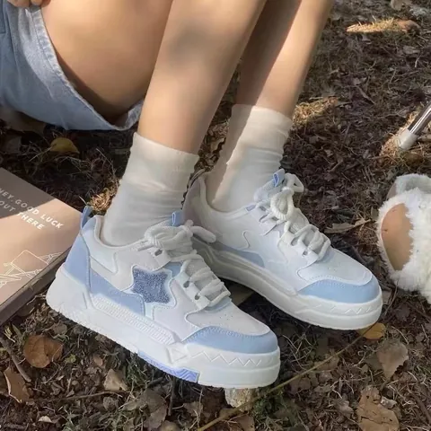 Girls Board Shoes Student Children White Sneakers 2025 Autumn Star Pattern Platform Sports Shoes Casual Breathable Flat Shoes