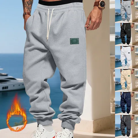 Men American Style Fleece Joggers Solid Color Loose Fit Casual Sweatpants Drawstring Elastic Waist Warm Winter Sporty Pants